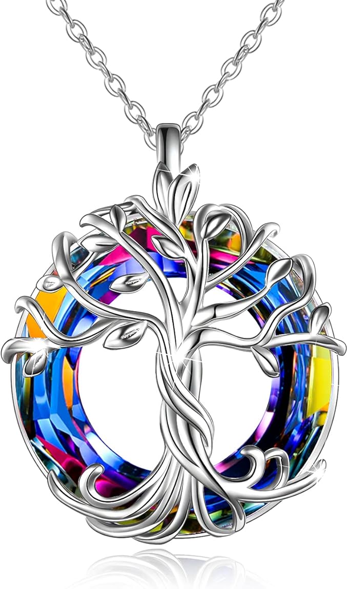 toupop 生命之树项链 925 纯银凯尔特家族树项链带圆形水晶珠宝礼物